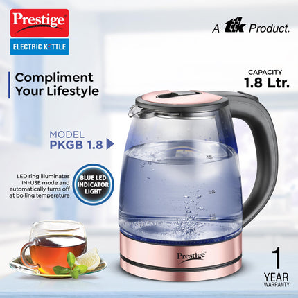 Prestige PKGB 1.8 Litre Electric Glass Kettle| LED Power Indicator| Borosilicate Glass| Automatic Power Cut-Off| Concealed Element| 360 Degree Swivel| Cool Touch Handle 