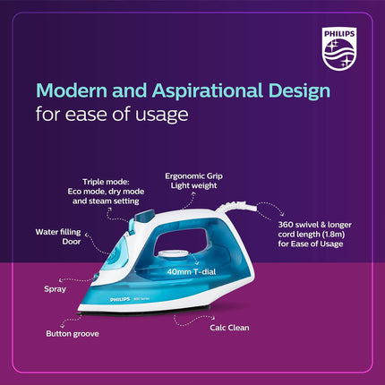 Philips Steam Iron DST0820/20 (World no. 1 Ironing Brand) Powerful 15 gm/min Steam Output with Spray, Multilayer Coated Non stick Soleplate with 1250 W quick Heat up 