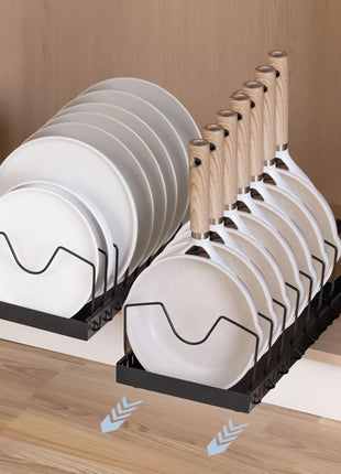 Livzing Pan & Pot Organizer Rack for Cabinet - Stainless Steel Adjustable Sliding Kitchen Rack for Frying Pan, Plate, Lids - Under Cabinet Storage for Modular Kitchen - Expandable Cookware Organizer