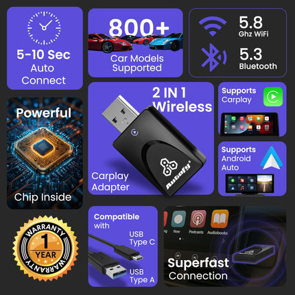 Autofy [SEP 2025 New Launch K1 Wireless Carplay Adapter & Android Auto Wireless Adapter Car Accessories Auto Reconnect Converts Wired-to-Wireless Carplay Android Auto for USB Type A &Type C 