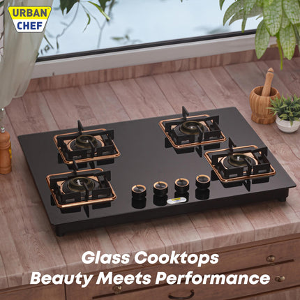 Urban Chef Gas Stove 4 Burners Glass Top | ISI Certified 4 Burner Stoves | Gas Chulha LPG & PNG Compatible | Burner Auto Ignition Cooktop | Easy Grip Knobs,7mm Thick Toughened Glass (Hob Top-Rose Gold 
