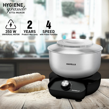 Havells Hygiene Grande Atta Kneader Dough Maker with 5L SS Bowl, Up to 1 KG Dough Maker, 4 Speed, Aluminium Dough Hook, Transparent Anti Splatter Lid with Lock, Hands Free Operation, 2 Yr Warranty 