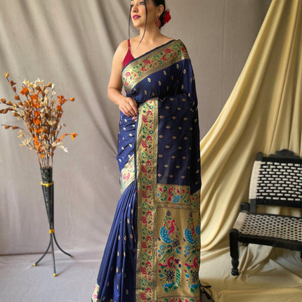 SGF11 Women's Paithani Soft Lichi Silk Kanjivaram Sarees With Blouse Piece (Dark Blue) 