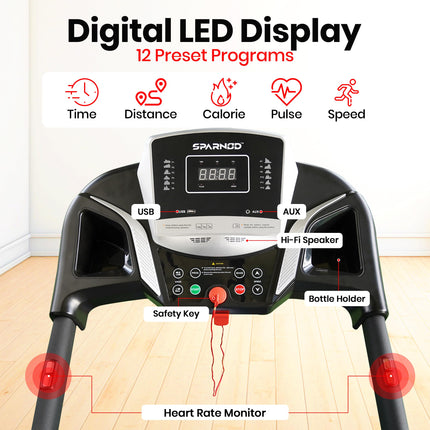 Sparnod Fitness STH-1200 Motorized Treadmill for Home Use, 4 HP Peak DC Motor, 12 km/hr Speed, 110 kg Max User Weight, 12 Preset Workouts, Manual Incline, Hi-Fi Speaker, Safety Key,Black 
