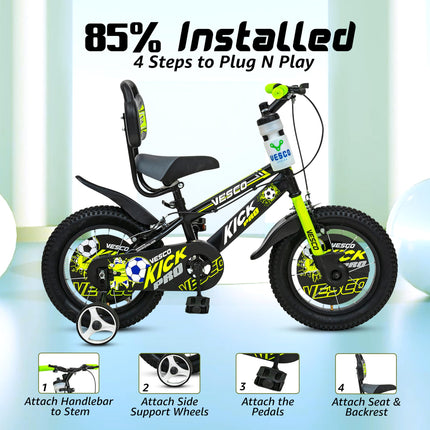 VESCO Kick Pro 14 T Kids Cycle with Balance Wheel & Back Rest Seat/Water Bottle | Frame 9 Inch | Ideal for 3 to 5 Years Boys & Girls (Green) 