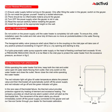 Activa Amazon 10 Liter Water Heater Geyser, ISI Copper Element 3 KVA (0.8mm), Instant Heat Water, Anti Rust Coated Tank, ABS Body, BEE 5 Start Rating, Energy Efficient, 5 Year Warranty - IVORY 