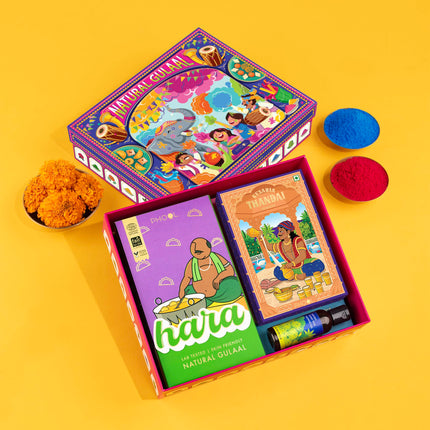 Phool Rang Utsav Natural Gulaal Collection - 3 Vibrant Colors of Skin-Safe Gulaal (100 gm Each) with Kesar Badam Thandai Powder, Kimirica Shower Gel & Holi Greeting Card 