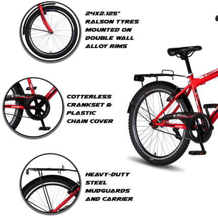 Vaux Plus Cycle for Boys 24inch with Carrier, 24T Cycle with Steel Frame, Rigid Fork, Alloy Rims,24x2.125inch Ralson Tyre, Bicycle for Boys 10 to 15 Years (Red) 