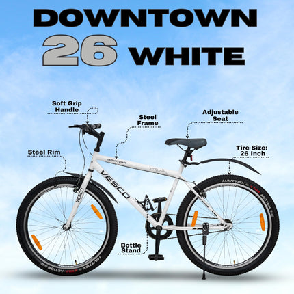 VESCO Downtown 26 T Cycle for Men with Rigid Fork/Single Speed Hybrid Bicycle | Frame 19 Inch | Ideal for 13+ Years Boys and Adult (White) 