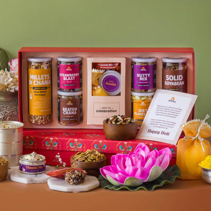 Omay Foods 10 pcs_ROYAL HOLI Gift Hamper | Premium Holi Gift Box with Herbal Gulal, Thandai, Roasted Healthy Snacks & Chocolate | Festive Holi Hamper for Clients, Employees & Friends | Corporate Holi Gift | Special Holi Celebration Pack | Gourmet Holi Gif 