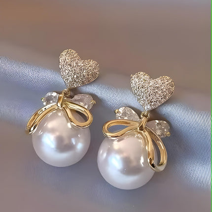 DZOIR Heart Shaped Pave Cubic Zirconia Earrings with Opalescent Bead Drop | Rose Gold Plated Pearl Stud Earrings | Cute Korean-Inspired Jewelry for Women & Girls