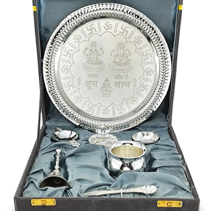 BENGALEN Pooja Thali Set Silver Plated with Grey Gift Box Designed 22 cm Puja Plate Kalash Bowl Ghanti Spoon Dhup Dan Diya for Home Office Diwali Wedding Return Gift Items 
