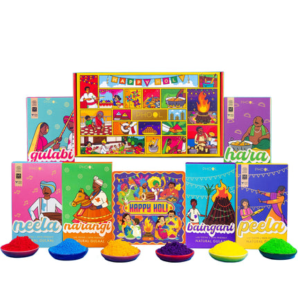 Phool Holi Colour - Rangeela Gift Box - Pack of 6 Natural Colours I 600 GMS (6 Colour x 100 GMS) Pink, Green, Blue, Yellow, Orange & Purple I Skin Friendly and Certified I Easy to Remove from Skin 
