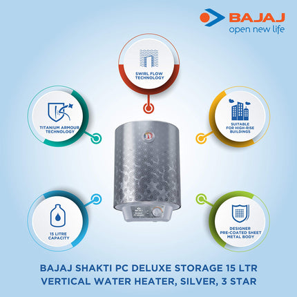 Bajaj Shakti PC Deluxe Storage 15 Litre Vertical Water Heater | BEE 4 Star Rated Geyser for Bathroom & Kitchen | Swirl Flow Technology | Titanium Armour Technology | 2 Years Warranty 【Grey】 