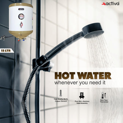 Activa 15L Water Heater Geyser with Temperature Meter, 2 KVA ISI Cooper Element, 0.75mm Anti Rust Coated Tank, ABS Body, BEE 5 Start Rated, Adjustable Thermostat, Free Instalation Kit, 5 Year Warranty 