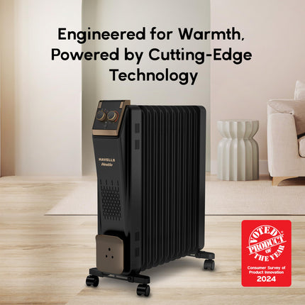Havells 11 Fin Hestio Straight Fin OFR (Oil Filled Radiator)|Room Heater|2900 W|3 Heat Settings & PTC Fan Heater|Inclined Control Panel|Retractable Wheels| Comfortable Breathing|360° Heating (Black) 