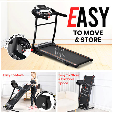Sparnod Fitness STH-1200 Motorized Treadmill for Home Use, 4 HP Peak DC Motor, 12 km/hr Speed, 110 kg Max User Weight, 12 Preset Workouts, Manual Incline, Hi-Fi Speaker, Safety Key,Black 