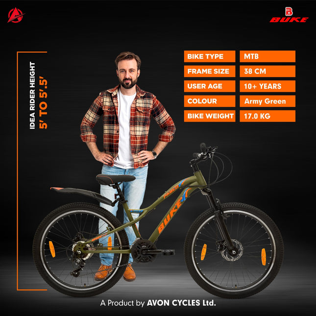 Avon Buke Pablo 26T MTB Bicycles for Men, 21 Shimano Gear |Steel Frame: 18" inch|Front Suspension|Disc Brake & Double Wall Alloy Rim/Short Bend/ (Matt Finish Army Green)