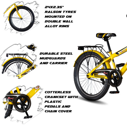 Vaux Excel 24t Cycle for Boys & Girls with V-Brakes, MTB Cycle with 13.5" Steel Frame, Alloy Rims,24x2.40inch Ralson Tyre, Bicycle for Boys 10 to 15 Years (Classic, Yellow) 
