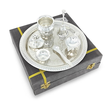 BENGALEN Pooja Thali Set Silver Plated with Grey Gift Box Designed 22 cm Puja Plate Kalash Bowl Ghanti Spoon Dhup Dan Diya for Home Office Diwali Wedding Return Gift Items 