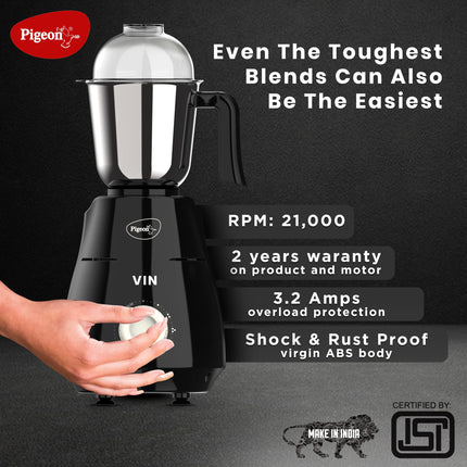 Pigeon by Stovekraft VIN Mixer Grinder Machine for Kitchen | 750 Watts | 3 MultiPurpose Jars for Juicing | Chutney Making | Dry Grinding | Wet Grinding | Mincing | Blender | Mixer | 2 Year Warranty 