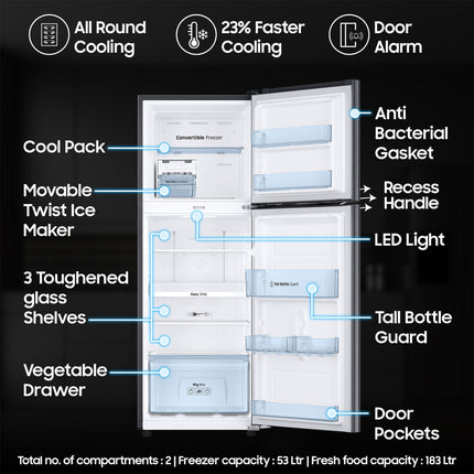 Samsung 236 L, 3 Star, Convertible, Digital Inverter with Display Frost Free Double Door Refrigerator (RT28C3733B1/HL, Black Matt) 