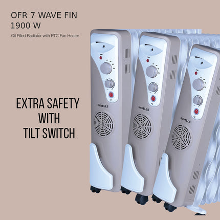 Havells OFR 7 Wave Fins (Oil Filled Radiator) with Fan| Room Heater| 1900 W| 3 Thermostatic Heat Power Settings & PTC Fan Control| Long-Lasting Heat| Comfortable Breathing|Uniform 360° Heating (Beige) 