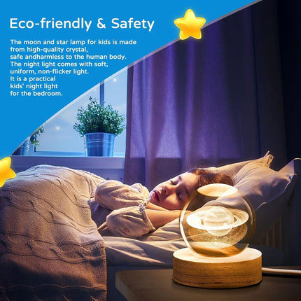 inulec 3D Galaxy Crystal Ball Night Light | Dimmable Engraved LED Glass Ball Table Lamp with USB and Wooden Base for Home Decor, Office, Birthday Gift & Kids Bedroom, 3D Galaxy Lamp Ball (Deer) 