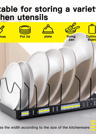 Livzing Pan & Pot Organizer Rack for Cabinet - Stainless Steel Adjustable Sliding Kitchen Rack for Frying Pan, Plate, Lids - Under Cabinet Storage for Modular Kitchen - Expandable Cookware Organizer