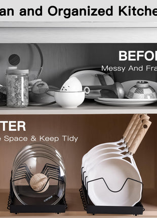 Livzing Pan & Pot Organizer Rack for Cabinet - Stainless Steel Adjustable Sliding Kitchen Rack for Frying Pan, Plate, Lids - Under Cabinet Storage for Modular Kitchen - Expandable Cookware Organizer