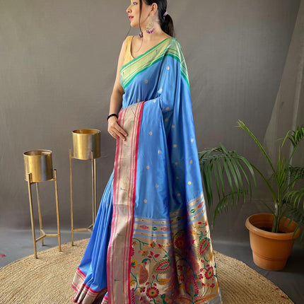 SGF11 Women's Paithani Soft Silk Kanjivaram Sarees With Blouse Piece (Light Blue) 