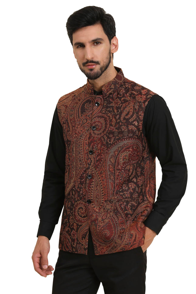Pashtush Mens Woven Jacquard Structured Waistcoat, Slim Fit, Royal Black (38 - S)