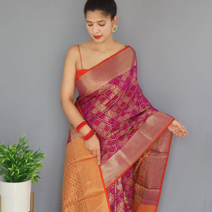 SGF11 Women's Kanjivaram patola Soft Lichi Silk Sarees With Unstitched Blouse Piece (Wine) 
