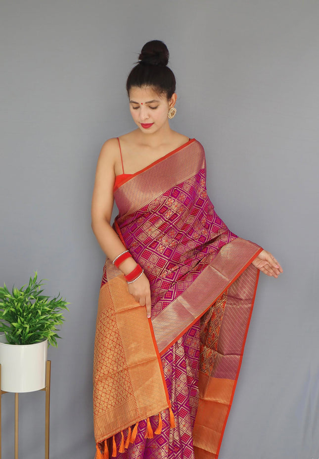 SGF11 Women's Kanjivaram patola Soft Lichi Silk Sarees With Unstitched Blouse Piece (Wine) 