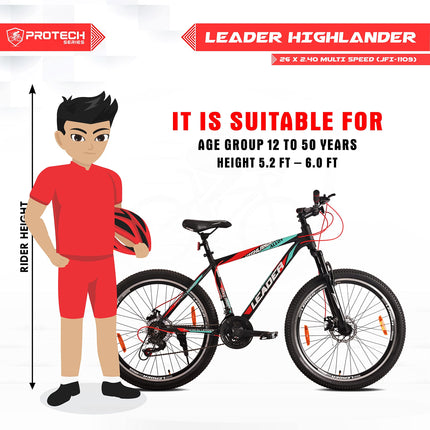 Leader Highlander 26T 21-Speed Alloy MTB Cycle| Free Pan India Installation | Dual Disc Brake and Front Suspension Ideal for 12+ Years 