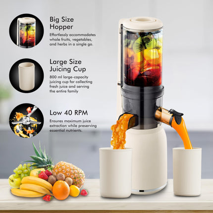 Havells Nutri Pure New Generation Cold Press Juicer|Low Noise DC Motor 105W,40 RPM|All-in-1 Fruit & Vegetable Juicer|Spiral Auger with SS Prong|Mesh Free filter for Easy Cleaning (Ivory) 105 watts 