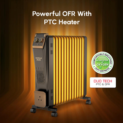 Havells 13 Fin Hestio Straight Fin OFR (Oil Filled Radiator)|Room Heater|2900 W|3 Heat Settings & PTC Fan Heater|Inclined Control Panel|Retractable Wheels| Comfortable Breathing|360° Heating (Black) 