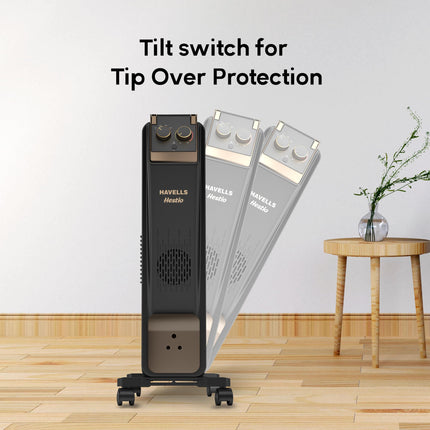 Havells 13 Fin Hestio Straight Fin OFR (Oil Filled Radiator)|Room Heater|2900 W|3 Heat Settings & PTC Fan Heater|Inclined Control Panel|Retractable Wheels| Comfortable Breathing|360° Heating (Black) 