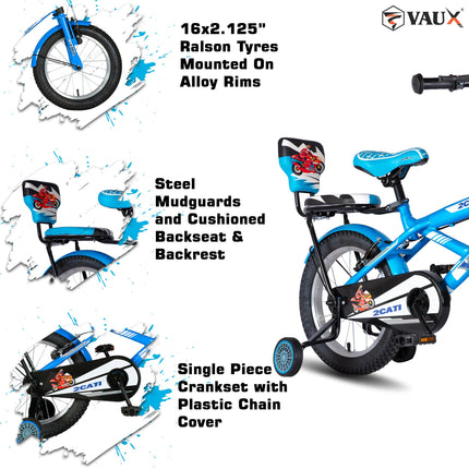 Vaux 2Cati 16T Cycle for Boys with Sidewheels, Basket & Backseat, Bicycle for Kids with Steel Frame, Alloy Rims & Tubular Tyres, Cycle for Kids 4 to 6 Years with Ideal Height 3.3ft to 3.9ft(Blue) 