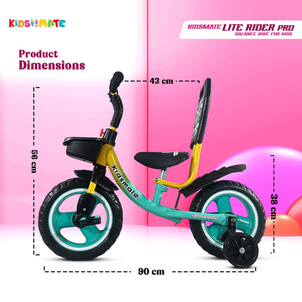 Kidsmate Lite Rider Pro Balance Cycle for Kids - Kids Cycle with Adjustable Seat & Backrest | Bell with Durable Training Wheels & EVA Tires | Baby Balance Bike Perfect for Ages 1-4Y (Sea Green) 