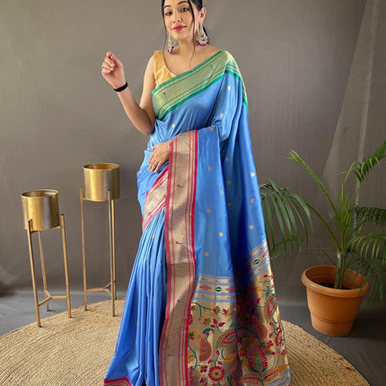 SGF11 Women's Paithani Soft Silk Kanjivaram Sarees With Blouse Piece (Light Blue) 