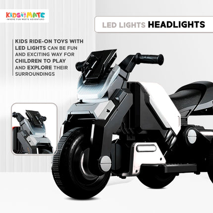 Kidsmate Hyrider 6V Electric Kids Bike with Rechargeable 6.5 Ah Battery Inbuilt Imported Motor Drive | Music Player, Front LED Light & Foot Accelerator Pedal Bike for Ages 1-4 Years (White) 