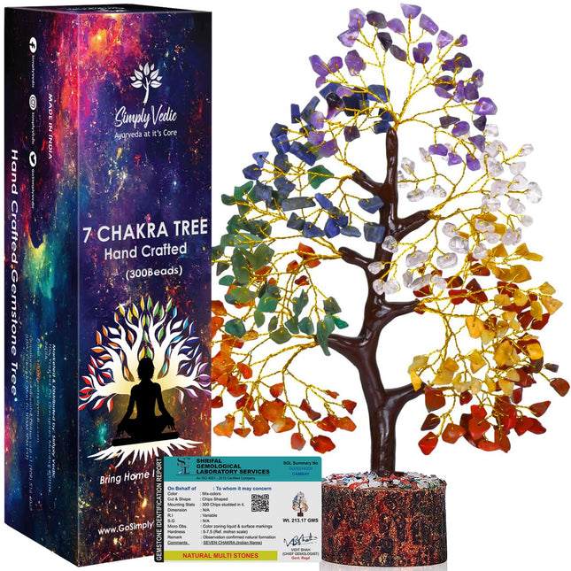 Simply Vedic 7 Chakra Crystal Tree (300 Beads) for Positive Energy, Good Luck, Chakra Activation| Healing Gemstones MoneyTree Feng Shui, Spiritual Gift, Home Decor| Handmade by Traditional Artist 