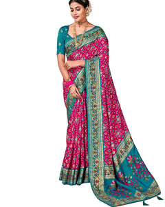 AKHILAM Women's Soft Patola Silk Ikat Print Golden Zari Border Saree With Unstitched Blouse Piece (Pink_SMNGLM1004_SS) 