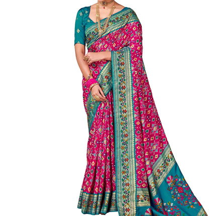 AKHILAM Women's Soft Patola Silk Ikat Print Golden Zari Border Saree With Unstitched Blouse Piece (Pink_SMNGLM1004_SS) 