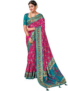 AKHILAM Women's Soft Patola Silk Ikat Print Golden Zari Border Saree With Unstitched Blouse Piece (Pink_SMNGLM1004_SS) 