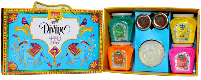TOTA Divine Holi Gift Pack – 4 Flavours × 100g Herbal Gulal with 2 Mukwas and 1 Chandan Tika | Organic Holi Colours Powder | Gifts Hamper – Set of 4 Holi Gulal Jar + Mouth freshner + Chandan Tilak 