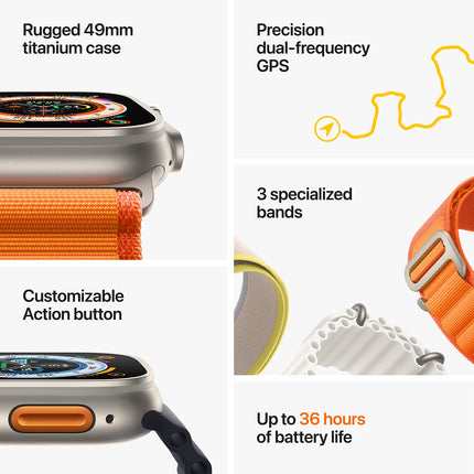Apple Watch Ultra [GPS + Cellular 49 mm] Smart Watch w/Rugged Titanium Case & Orange Alpine Loop Medium. Fitness Tracker, Precision GPS, Action Button, Extra-Long BatteryLife, Brighter Retina Display 