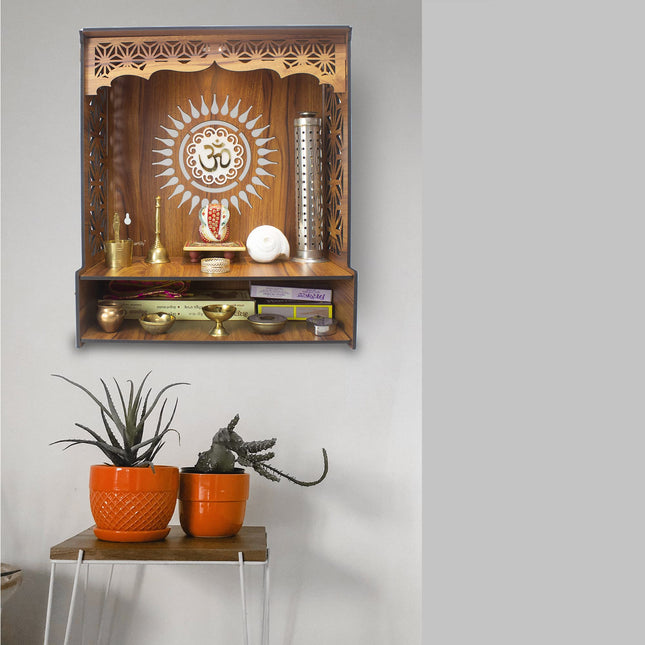 Heartily® Shree Beautiful Wooden Pooja Stand for Home Mandir for Home Temple for Home and Office Puja Mandir for Home and Office Wall with LED Spot Light Product (H- 18, L- 16, W-8.75 Inch) 