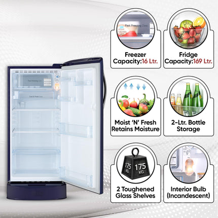 LG 185 L, 5 Star, Smart Inverter Compressor, Direct Cool Single Door Refrigerator (GL-D201ABIU.BBIZEBN, Blue ILAN, Moist N Fresh, Auto Smart Connect & Base Stand Drawer) 